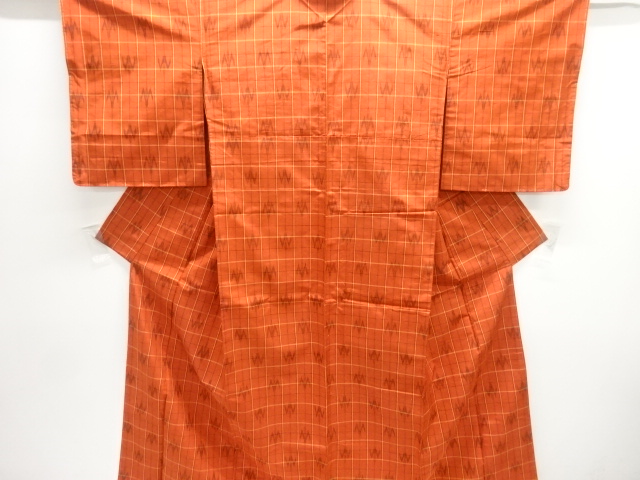 アンティーク　格子に絣柄織り出し手織り紬着物